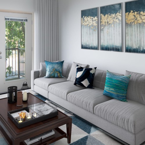 Living Room rendering of living room showing ample space for couches and furniture and natural lighting through window
